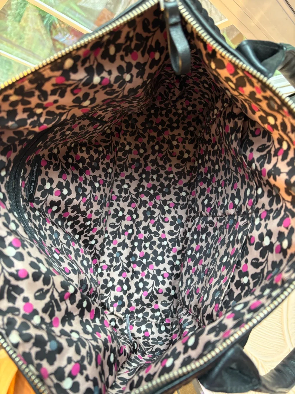 Vera Bradley Black Quilted Tote with Front Pocket w floral inside